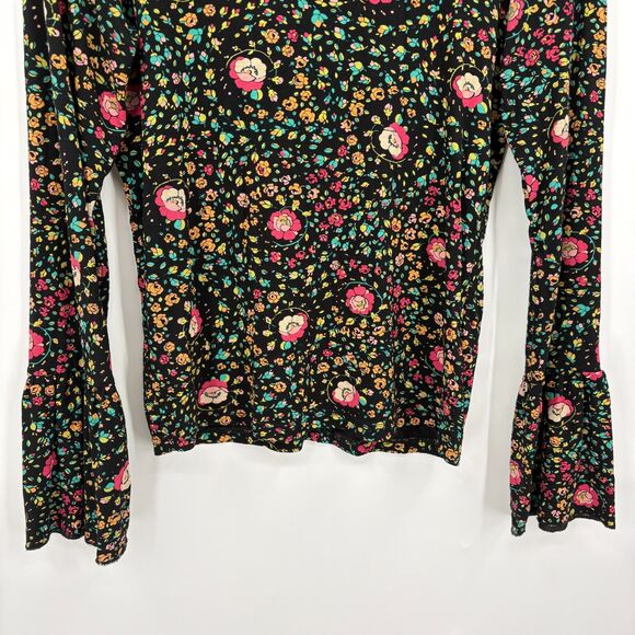 Topshop Floral Bell Sleeve Stretch Knit Boho Top Sz 2, Tie Back Hippie Whimsical - Picture 5 of 10
